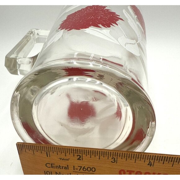 Vintage Heavy Glass Pitcher Clear Glass Pitcher Red Floral Print with Ice Lip - Picture 6 of 7